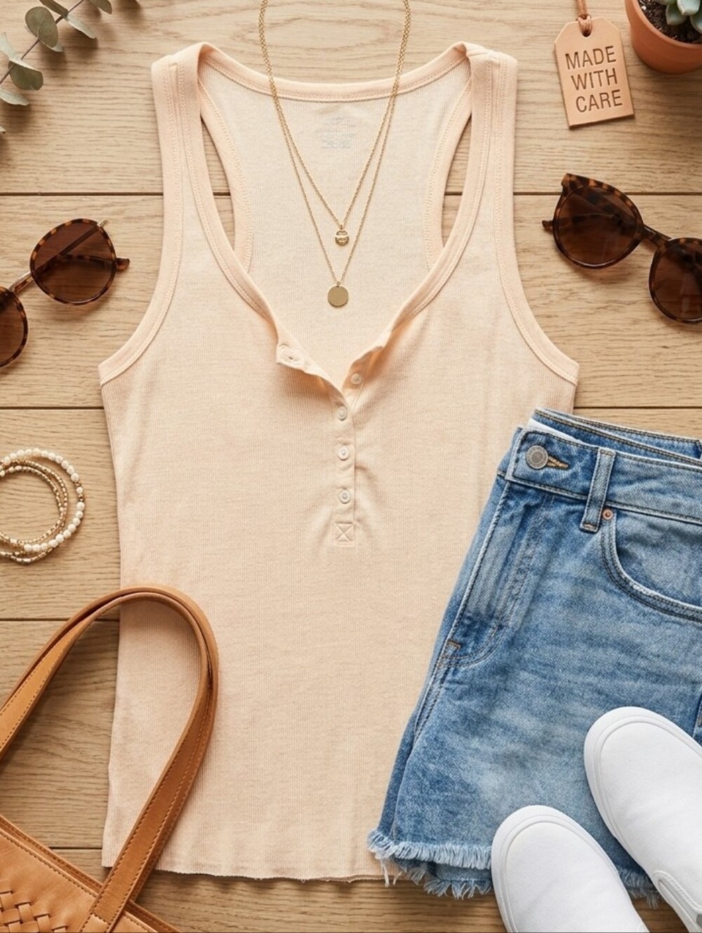 aerie Ribbed Henley Tank Top - Light Cream